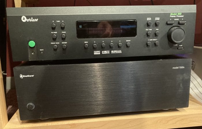 Outlaw 950 Processor/preamp (top in pic)
